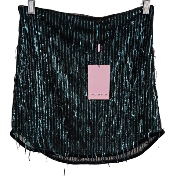 Avec Les Filles Swiftie Esthetic Teal Sequin Fringe Mini Skirt small - Picture 2 of 10